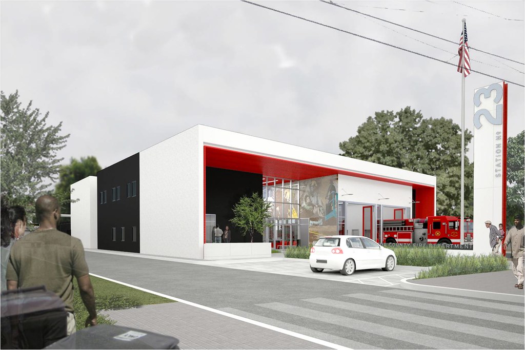 Rendering of Cherryland Fire Station. Photo links to photo album that open in a new window.